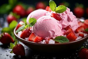 A scoop of strawberry ice cream covered in fresh strawberries and a sprinkle of powdered sugar, Close-up Shot, created with AI Generated photo