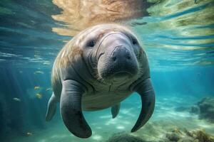 a manatee swimming underwater photo