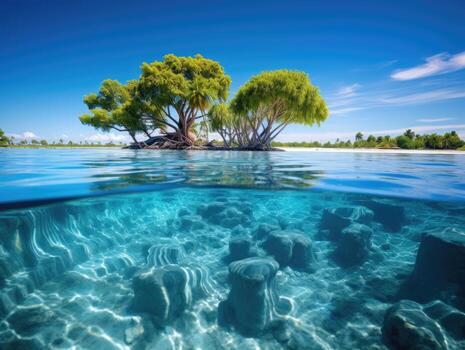 a group of trees on an island in the ocean photo