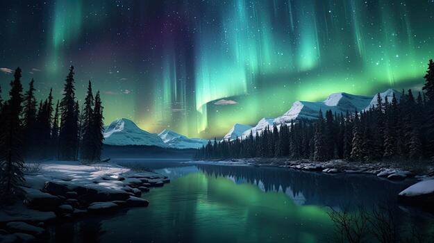 a lake with trees and mountains in the background photo