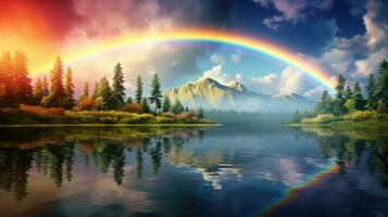 a rainbow over a lake photo