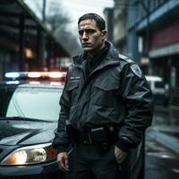 a man in a police uniform standing next to a car photo