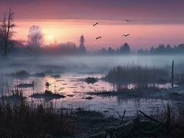 a foggy marsh with birds flying over it photo