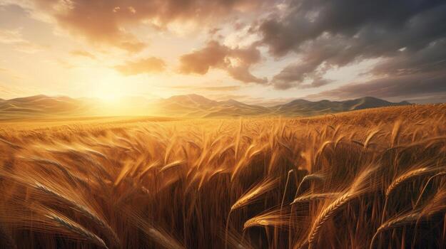 a field of wheat with mountains in the background photo