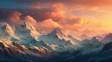 a snowy mountain range with clouds photo