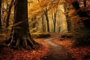 a path through a forest with trees and leaves photo