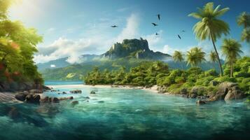 a tropical island with trees and a rocky beach photo