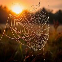 a spider web with dew drops on it photo