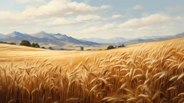 a field of wheat with mountains in the background photo
