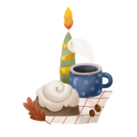 Autumn composition with white glaze cake, green candle, blue cup of tea,  coffee and red leaf. Cozy home. Thanksgiving, Harvest Festival. Sweet home composition. png