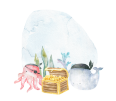 deep water, under sea life composition with prates, whale and octopus. Wooden box with treasure, golden money. Watercolor childish illustration. Invitation, greeting card, poster png