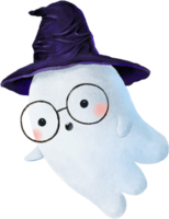 cartoon white ghost with dark violet hat, black eyes and  big round glasses. Cute childish illustration for halloween. Funny casper png