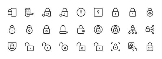Security line icons. Cyber lock, unlock, password. Guard, shield, home security system icons. Eye access, electronic check, firewall. Internet protection, laptop password. Linear set. Vector