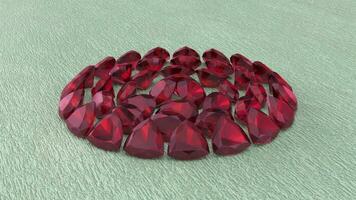 Natural Semitransparent Oval, Round, Pear And Triangular Shape Faceted Red Rubies Precious Gemstones On Silk Fabric photo