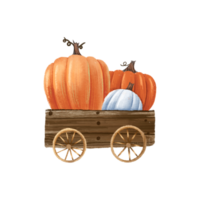 Wooden cart with pumpkins . Autumn composition. Decoration of  Thanksgiving. Harvest . Autumn illustration  on  isolated  background png
