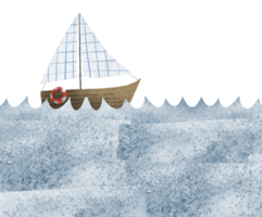 Wooden old yacht with a white sailboat on the sea waves. Cute children's hand drawn illustration. Texture illustration png