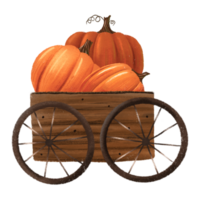 Cart with autumn harvest. Wooden farm cart with vegetables,  pumpkins. Autumn Composition . Harvest Festival.  Decoration of seasonal holidays and Thanksgiving. png