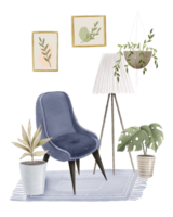Blue modern interior of living room with blue armchair, white floor lamp and house potted plants. Composition with Modern room design. Home garden concept. Still life with home plants png
