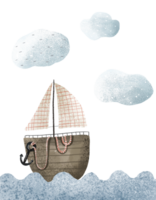 Wooden yacht with a white sailboat and an anchor in the ocean. Water transport, travel. Picture for boys. Hand drawn illustration, isolated design for print, textile, stickers png