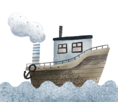 Wooden old steamship on the high seas, Oceania. Water transport, travel, sea expedition. Picture for boys. Hand drawn illustration, isolated design for print, textile, stickers png