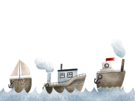Poster mit Schiffe, Segelboote, Yachten Das segeln auf das Blau Meer Wellen. Ozean, Kinder- Illustration png