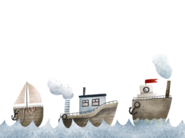 affisch med fartyg, segelbåtar, yachter den där segla på de blå hav vågor. hav, barns illustration png