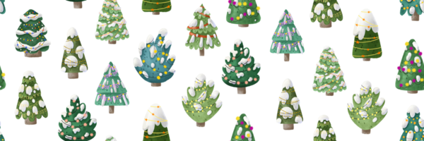 Christmas seamless pattern with spruce, fir, pine, evergreen trees and garland, light, toys. Decor for new year eve. Celebration. Winter holidays png