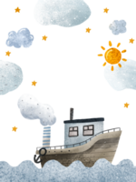 affisch med en ångare på hav, landskap med moln och stjärnor. oceanien, flod. marinmålning med vågor och blå vatten. inbjudan för barns fest png