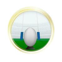 Rugby ball in center of goal posts, ready to be kicked. Golden rugby icon. vector