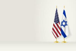 Flags of United States and Israel on flag stand, meeting between two countries. vector