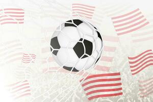 Soccer ball in the net with the red and white football club flag on background. vector