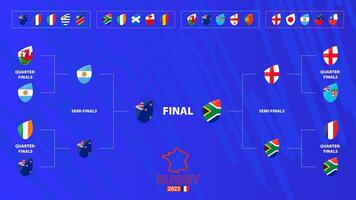 Rugby tournament bracket with flags of Final participants. Rugby competition 2023 schedule on abstract background. vector