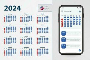 calendario solicitud para teléfono inteligente vector calendario 2024 semana empieza desde domingo, Inglés idioma.