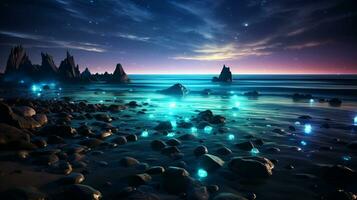 Fantasy seascape, Night view of the ocean, glowing sea, Beautifully starry night sky, dreamy atmosphere, AI Generative photo