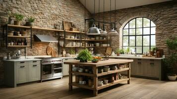 Rustic farmhouse kitchen, stylish spacious cooking area, interior design, AI Generative photo