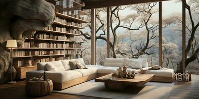 Interior Design, Minimalistic Living room with serene nature view, Beautiful villa design in the forest, AI Generative photo