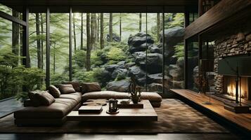 Interior Design, Living room with serene nature view, Beautiful mansion design in the forest, AI Generative photo