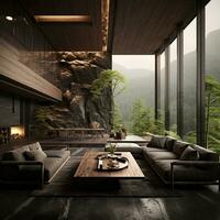Interior Design, Living room with serene nature view, Beautiful mansion design in the forest, AI Generative photo