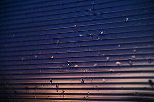 Blue-purple polycarbonate with raindrops. View of wet glass in the setting sun. photo