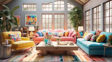 Furnished Modern Living room, bright blue and pink color palette, interior design, AI Generative photo