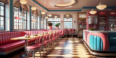 Retro vintage diner restaurant, interior design, stylish old fashioned design concept, AI Generative photo