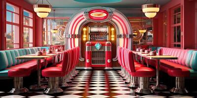 Retro vintage diner restaurant, interior design, stylish old fashioned design concept, AI Generative photo