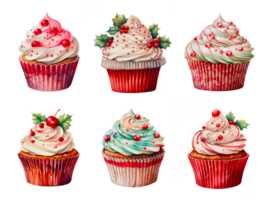 Set of Christmas cupcakes in watercolor. AI Generative png