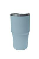 Big modern crystal blue thermos bottle isolated on white. Reusable concept. photo