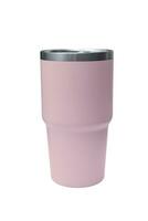 Big modern light pink thermos bottle isolated on white. Reusable concept. photo