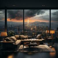 Interior Design modern Living room, windows show stunning view of the city skyline, Empty room apartment, AI Generative photo