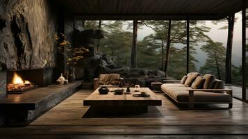Interior Design, Living room with serene nature view, Beautiful mansion design in the forest, AI Generative photo