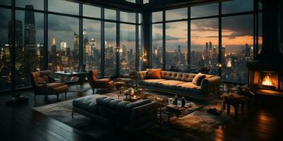 Interior Design modern Living room, windows show stunning view of the city skyline, Empty room apartment, AI Generative photo