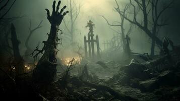 Ghost scenery Halloween background, Zombie Apocalypse, scary haunted cemetery, AI Generative photo