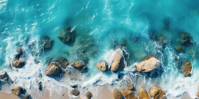 Relaxing aerial view beach, nature holiday template banner, sea shore, coastline, AI Generative photo